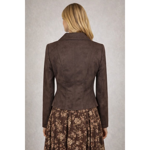 WHBM Brown Faux Suede Long Sleeve Zip Front Moto Jacket Size 2 - Picture 2 of 9